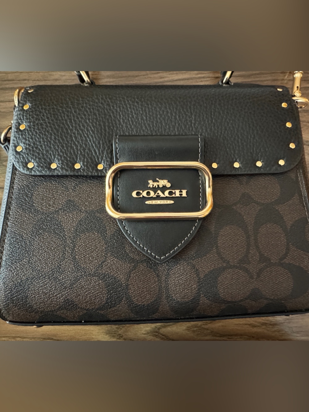 Coach Black and Brown Signature Rivet Morgan Top Handle Satchel Gold Hardware